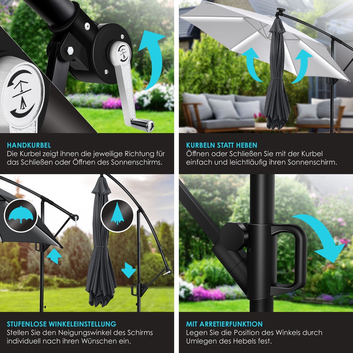 Zweefparasol XL - diameter 350cm - met LED op zonne-energie - 360° draaibaar - grijs antraciet- hangparasol met beschermhoes - Afbeelding 10