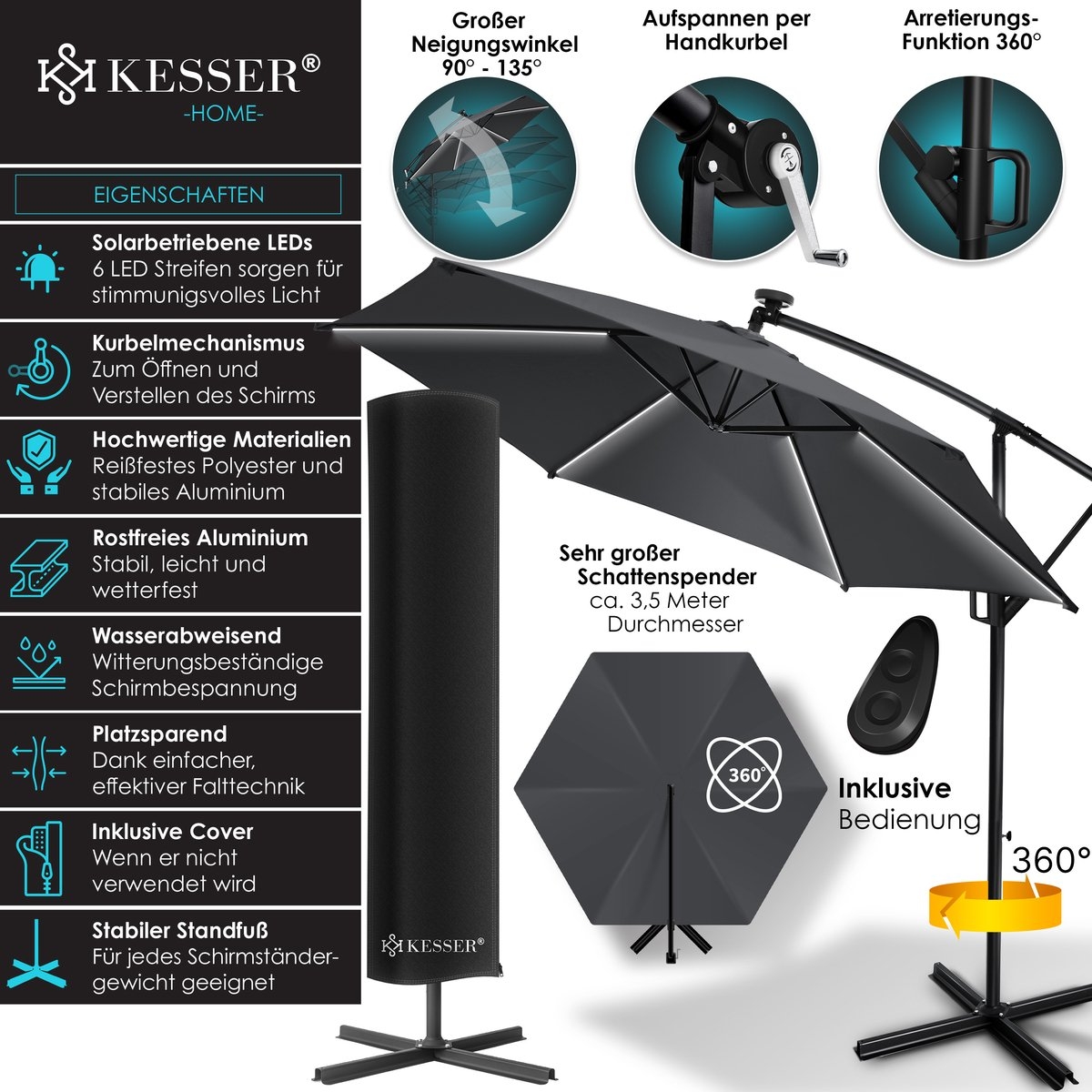 Zweefparasol XL - diameter 350cm - met LED op zonne-energie - 360° draaibaar - grijs antraciet- hangparasol met beschermhoes - Afbeelding 12