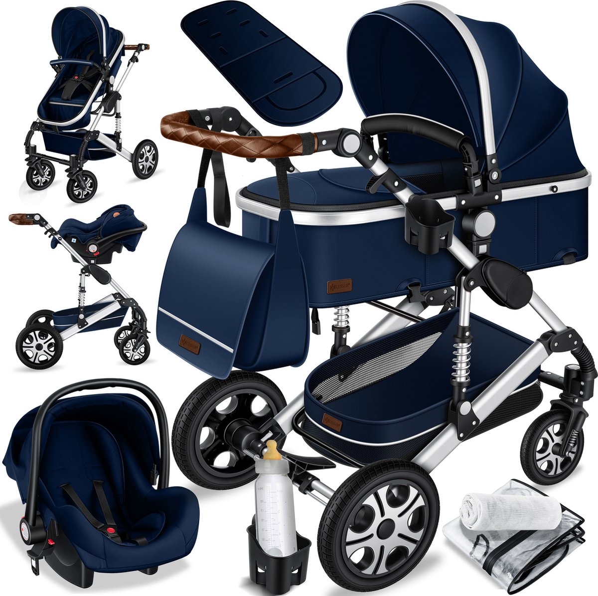 Kinderwagen - 3 in 1 - tevens buggy en autostoeltje - massieve rubberbanden - met accessoires- blauw / zilver