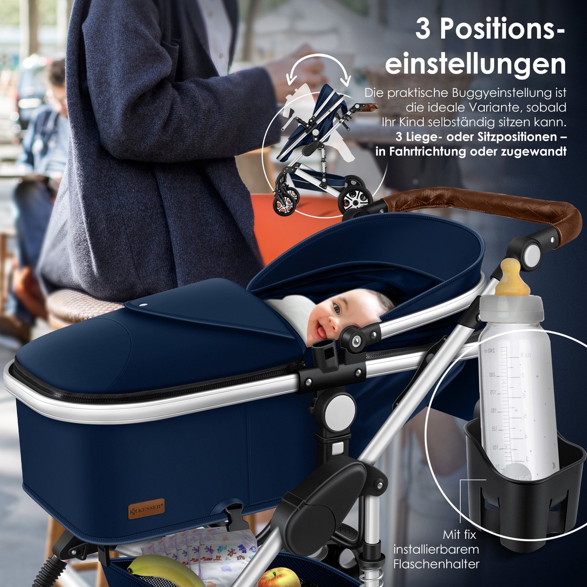 Kinderwagen - 3 in 1 - tevens buggy en autostoeltje - massieve rubberbanden - met accessoires- blauw / zilver - Afbeelding 2