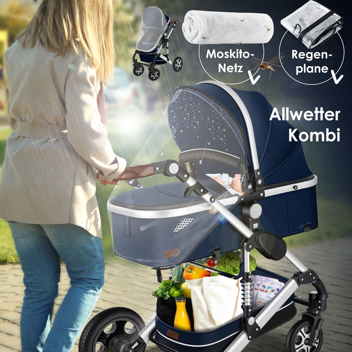Kinderwagen - 3 in 1 - tevens buggy en autostoeltje - massieve rubberbanden - met accessoires- blauw / zilver - Afbeelding 3