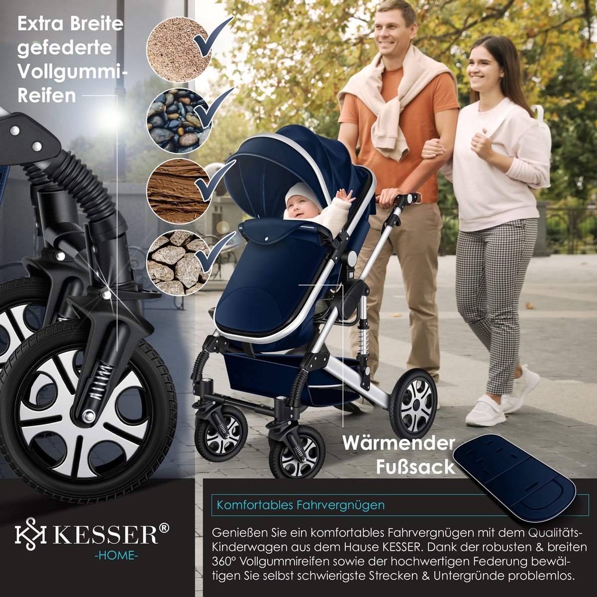 Kinderwagen - 3 in 1 - tevens buggy en autostoeltje - massieve rubberbanden - met accessoires- blauw / zilver - Afbeelding 4