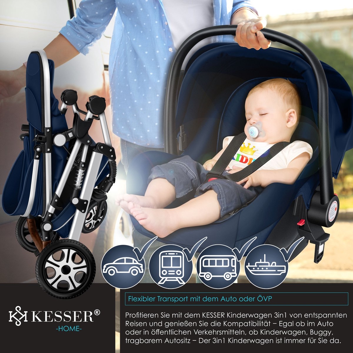 Kinderwagen - 3 in 1 - tevens buggy en autostoeltje - massieve rubberbanden - met accessoires- blauw / zilver - Afbeelding 5