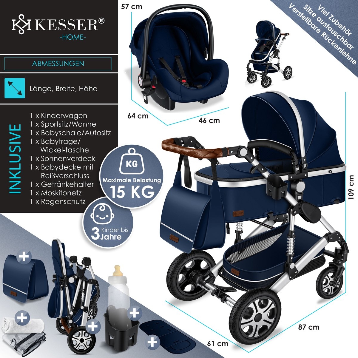 Kinderwagen - 3 in 1 - tevens buggy en autostoeltje - massieve rubberbanden - met accessoires- blauw / zilver - Afbeelding 7