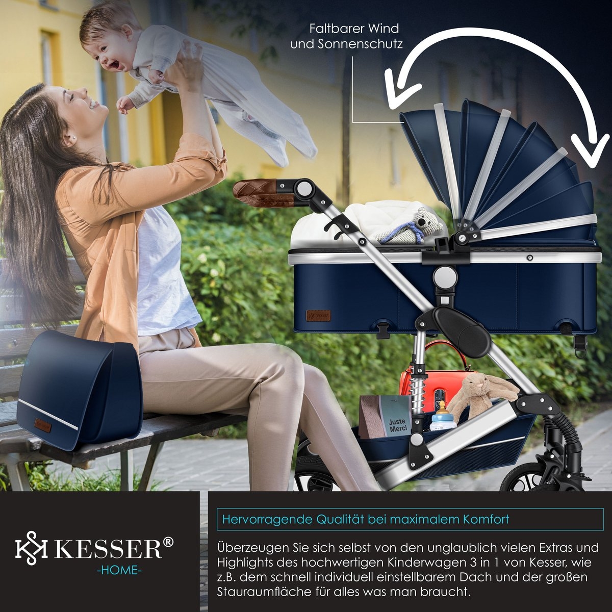 Kinderwagen - 3 in 1 - tevens buggy en autostoeltje - massieve rubberbanden - met accessoires- blauw / zilver - Afbeelding 8