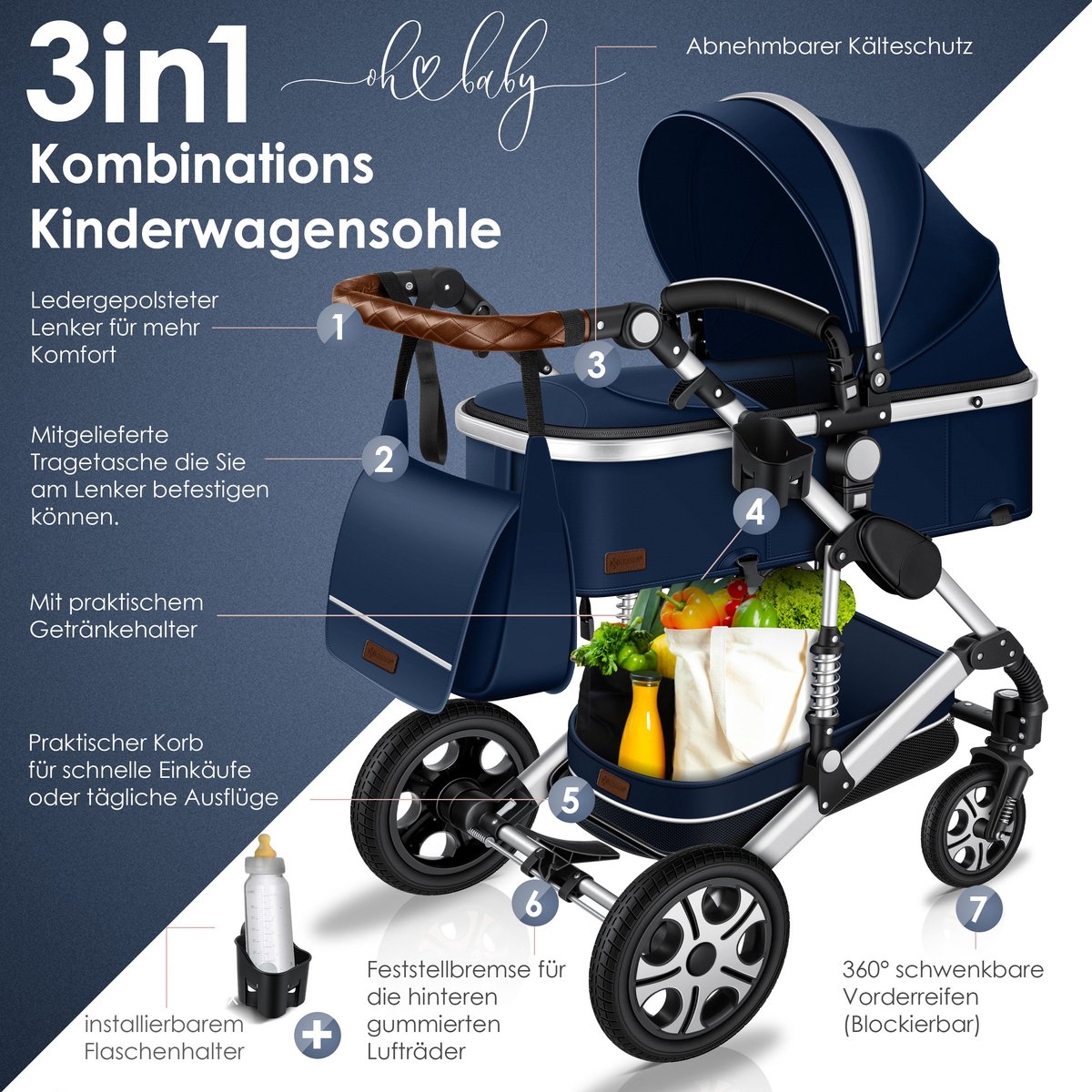 Kinderwagen - 3 in 1 - tevens buggy en autostoeltje - massieve rubberbanden - met accessoires- blauw / zilver - Afbeelding 9