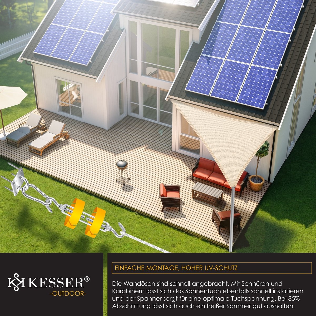 Schaduwdoek - zonnezeil 2.5x2.5x3.5 meter - zonwering - HDPE stof - waterafstotend en windwerend - creme - Afbeelding 4