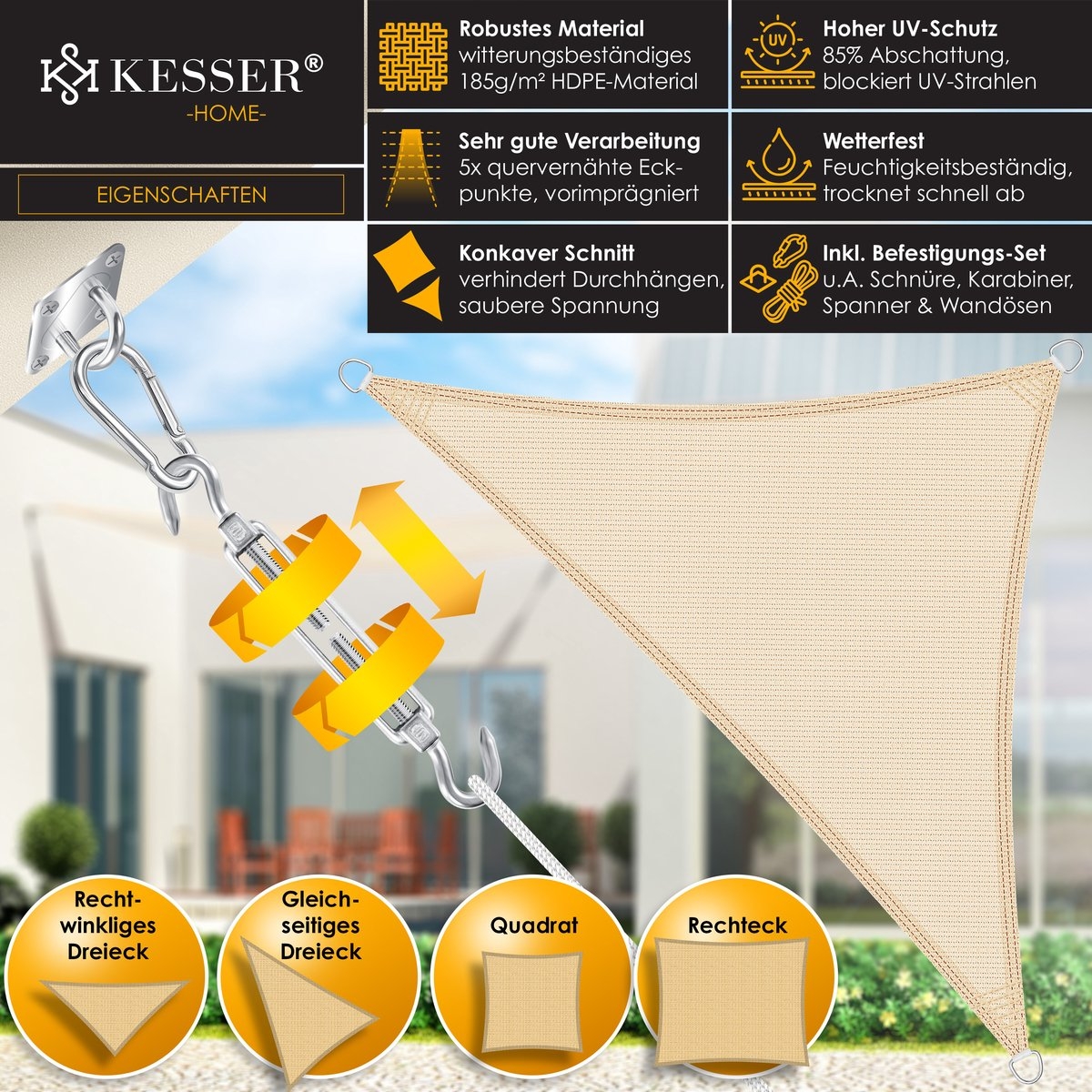 Schaduwdoek - zonnezeil 2.5x2.5x3.5 meter - zonwering - HDPE stof - waterafstotend en windwerend - creme - Afbeelding 5