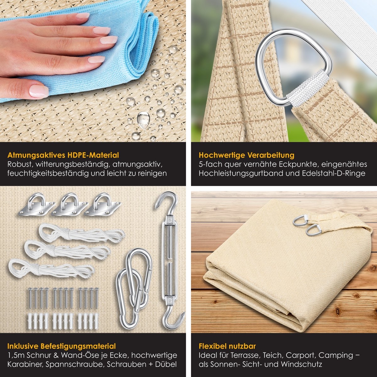 Schaduwdoek - zonnezeil 2.5x2.5x3.5 meter - zonwering - HDPE stof - waterafstotend en windwerend - creme - Afbeelding 6