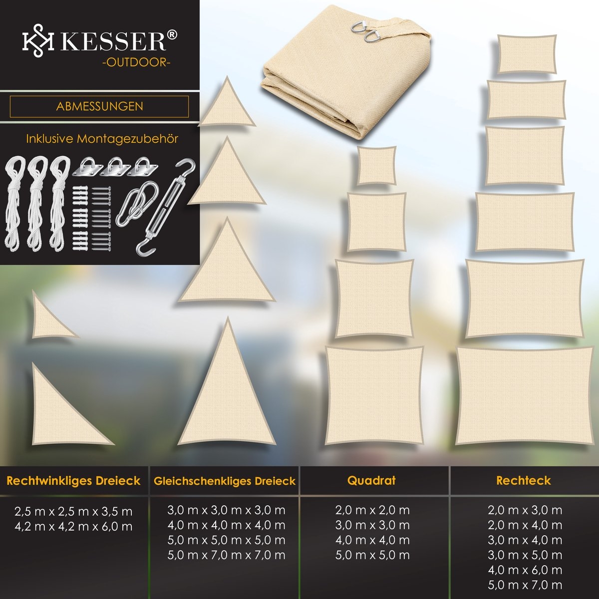 Schaduwdoek - zonnezeil 2.5x2.5x3.5 meter - zonwering - HDPE stof - waterafstotend en windwerend - creme - Afbeelding 7