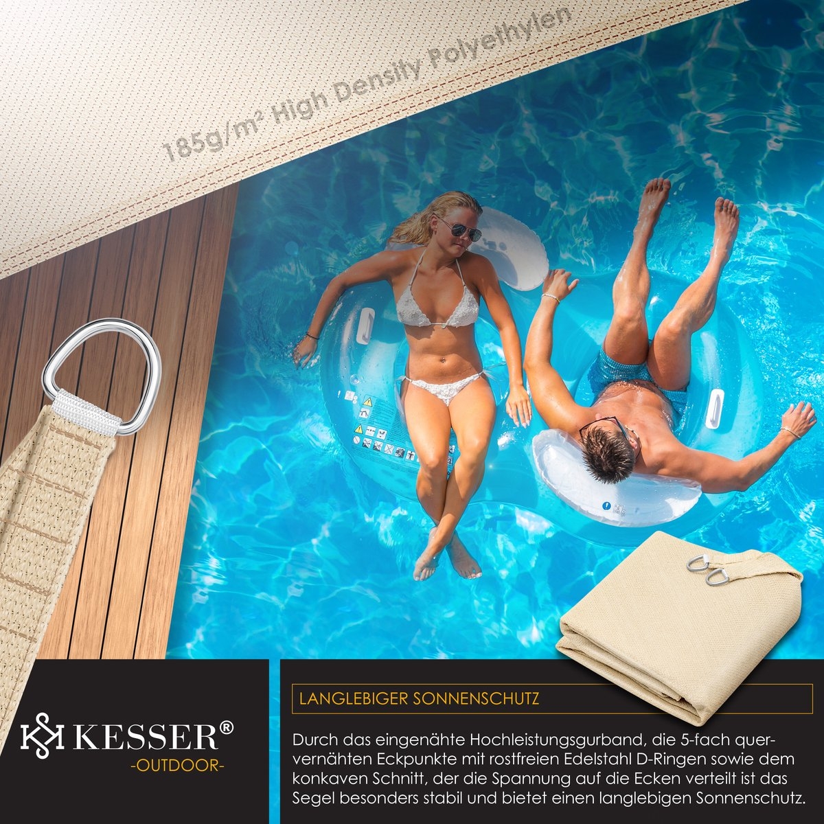 Schaduwdoek - zonnezeil 2.5x2.5x3.5 meter - zonwering - HDPE stof - waterafstotend en windwerend - creme - Afbeelding 8