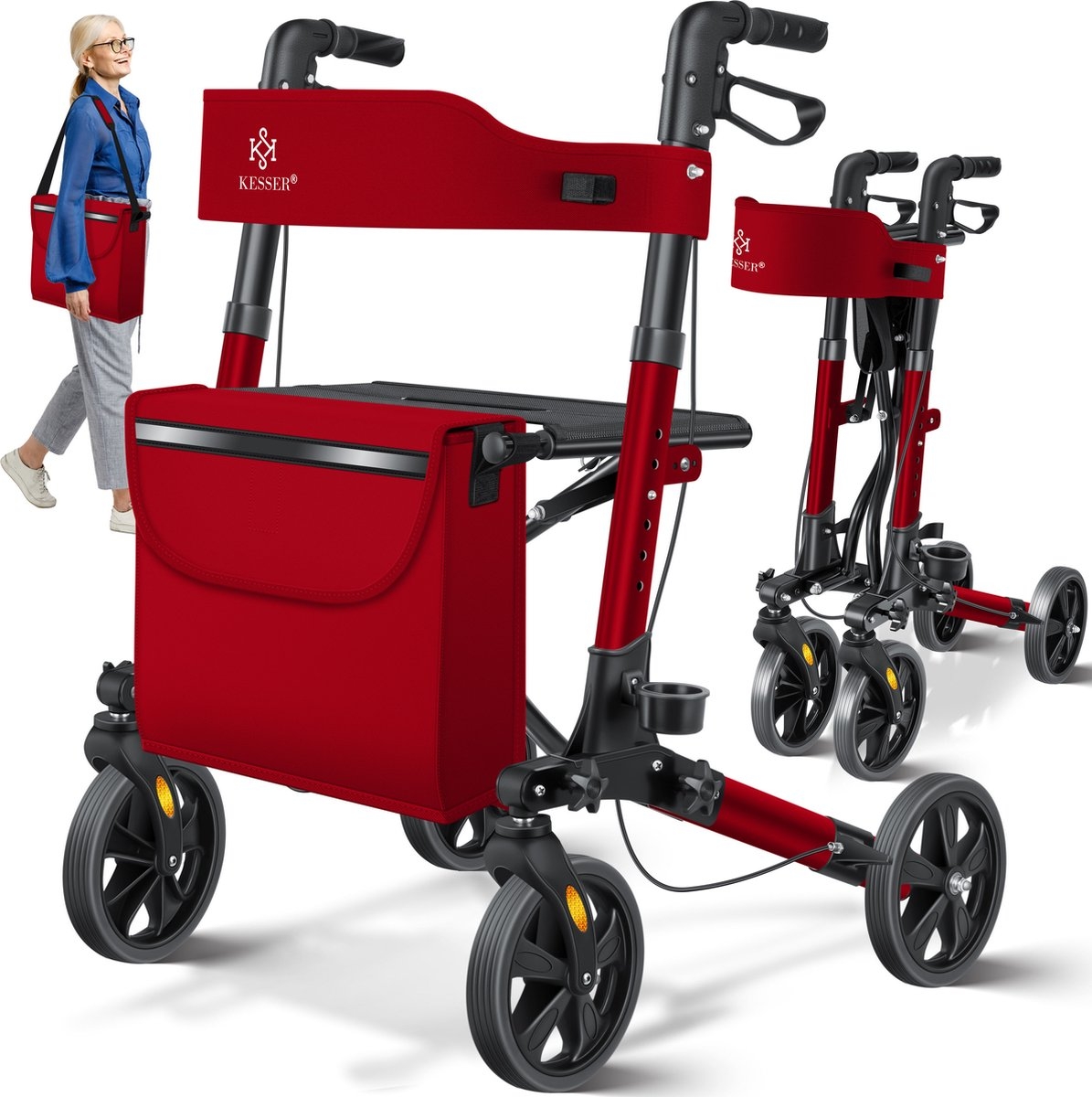 Rollator - lichtgewicht en inklapbaar - looprek - opvouwbaar - aluminium - rood / zwart