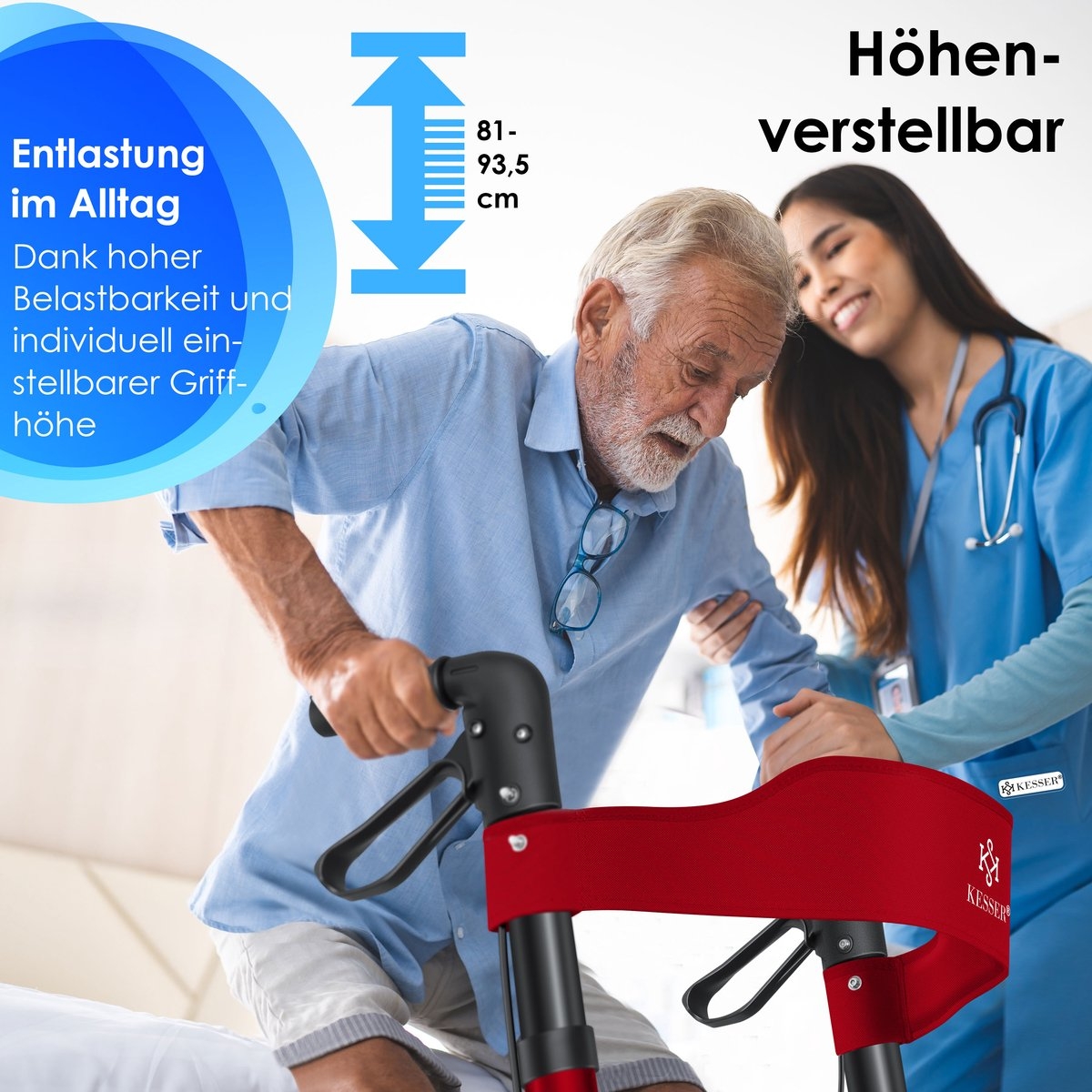 Rollator - lichtgewicht en inklapbaar - looprek - opvouwbaar - aluminium - rood / zwart - Afbeelding 2