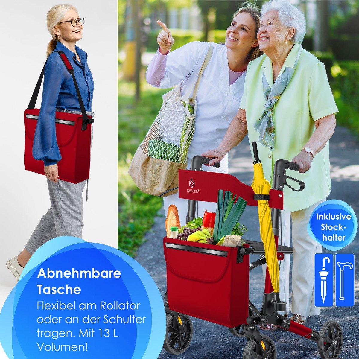 Rollator - lichtgewicht en inklapbaar - looprek - opvouwbaar - aluminium - rood / zwart - Afbeelding 3