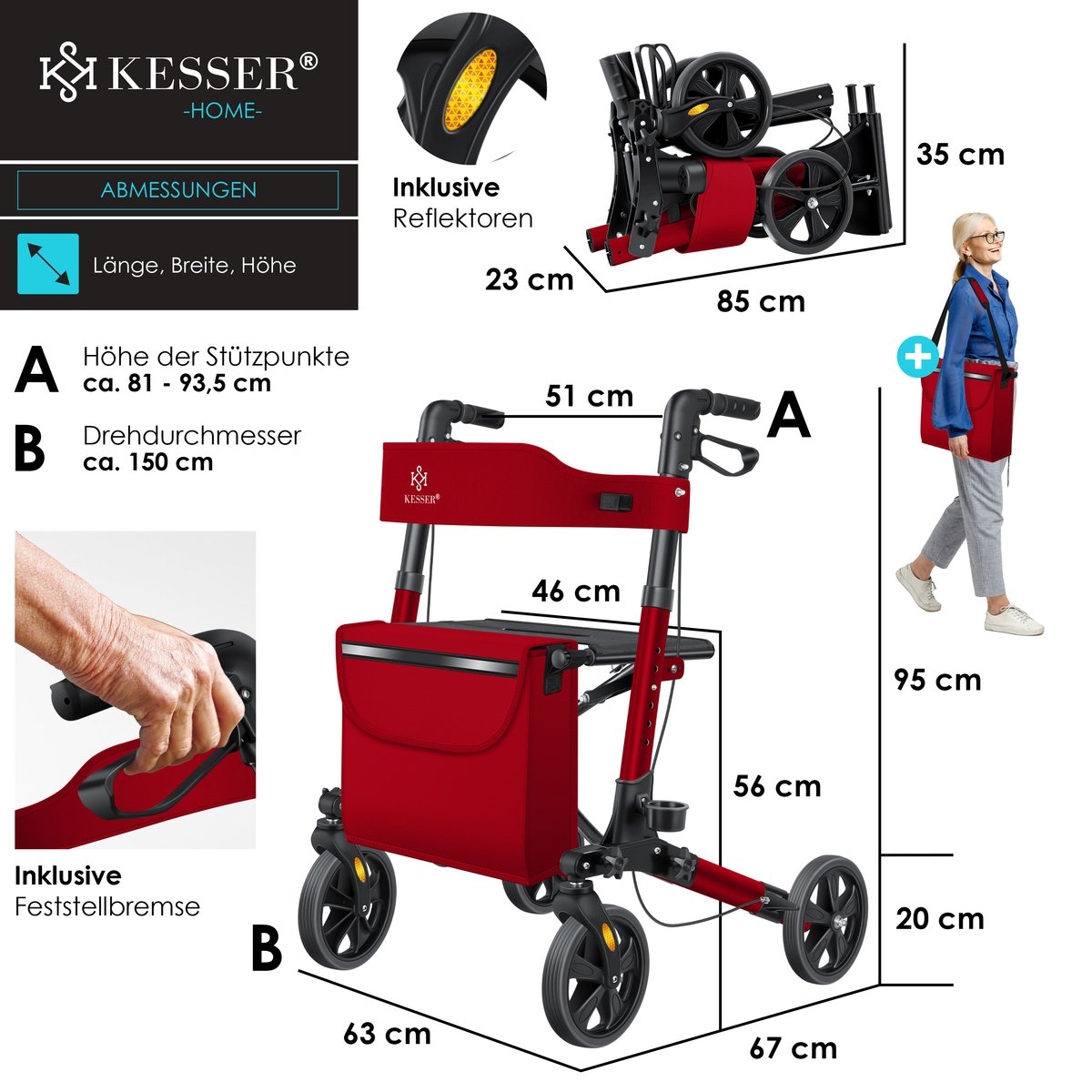 Rollator - lichtgewicht en inklapbaar - looprek - opvouwbaar - aluminium - rood / zwart - Afbeelding 5