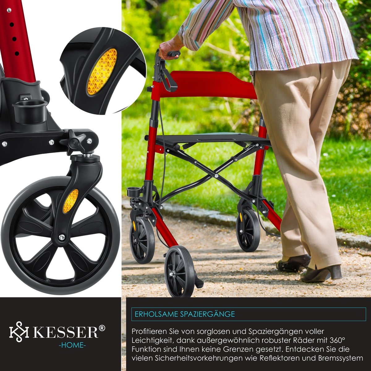 Rollator - lichtgewicht en inklapbaar - looprek - opvouwbaar - aluminium - rood / zwart - Afbeelding 7