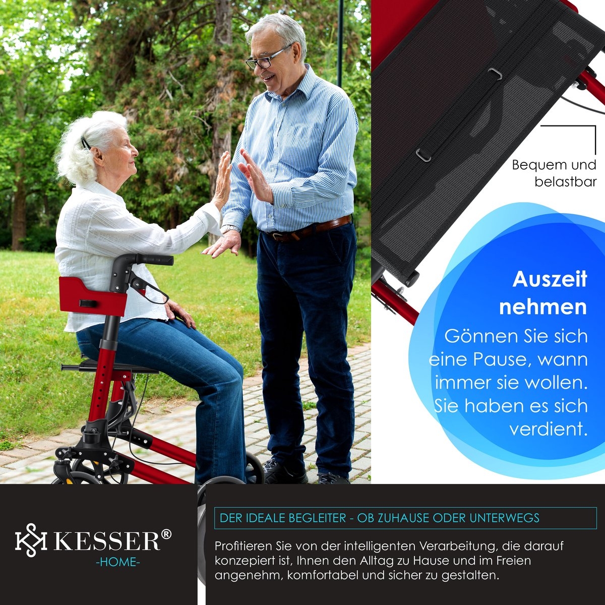 Rollator - lichtgewicht en inklapbaar - looprek - opvouwbaar - aluminium - rood / zwart - Afbeelding 8