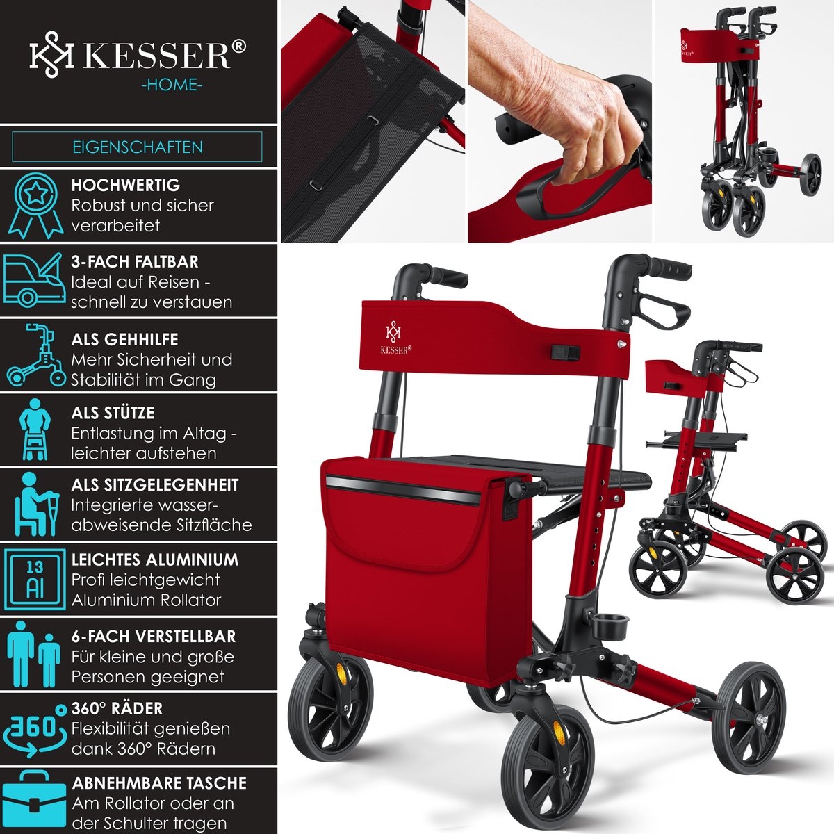Rollator - lichtgewicht en inklapbaar - looprek - opvouwbaar - aluminium - rood / zwart - Afbeelding 10