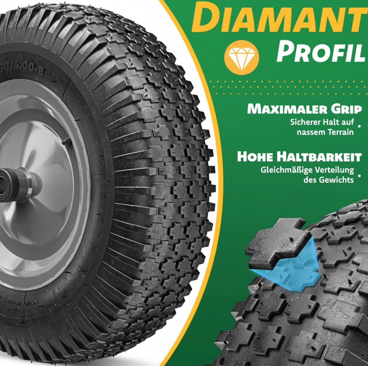 Kruiwagenwiel luchtband - 250 kg draagkracht - 40 cm diameter (15,6 inch), diamantprofiel, - extra breed 9,5 cm - inclusief as