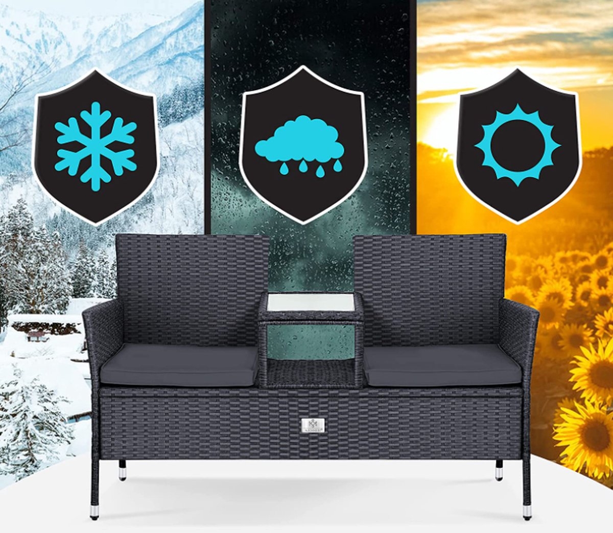 Polyrotan tuinbank - 2-zits bank met kussens - geintegreerde tafel - lengte 133 cm - donkergrijs / antraciet - Afbeelding 2