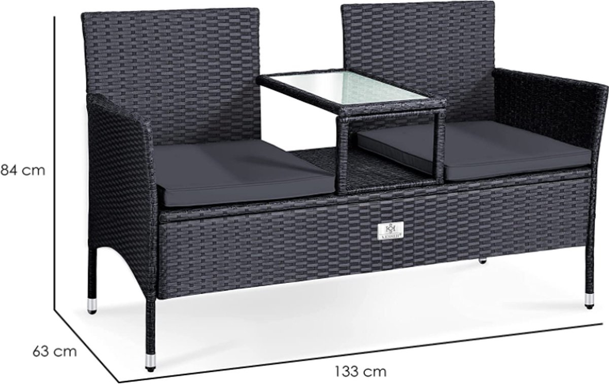 Polyrotan tuinbank - 2-zits bank met kussens - geintegreerde tafel - lengte 133 cm - donkergrijs / antraciet - Afbeelding 3