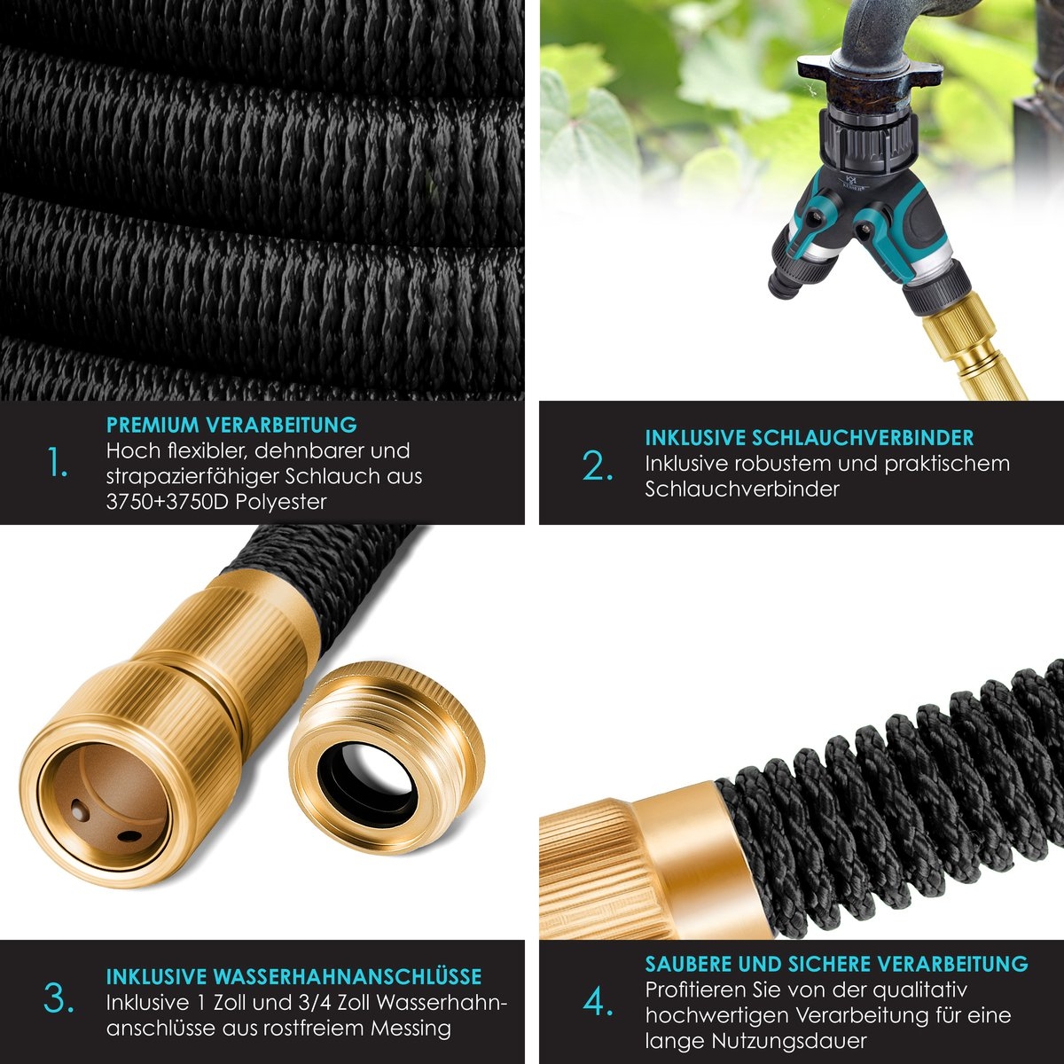 Premium Tuinslang flexibel - 22,5 meter - uitrekbare tuinslang inclusief aansluitingen, ophanghaak en sproeikop - zwart - Afbeelding 3