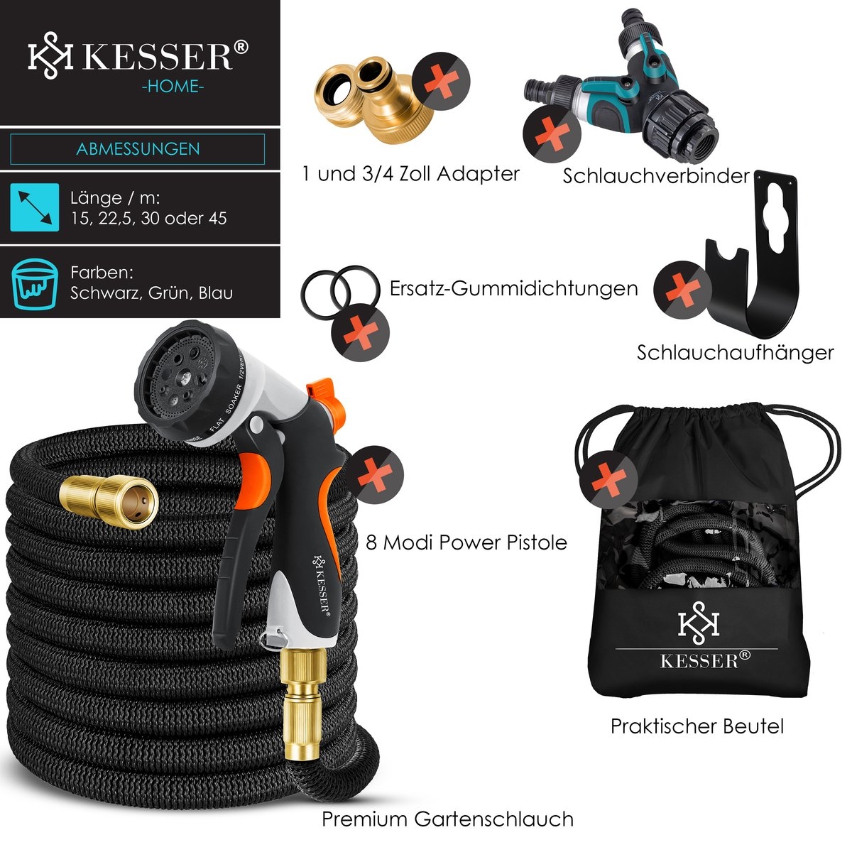 Premium Tuinslang flexibel - 22,5 meter - uitrekbare tuinslang inclusief aansluitingen, ophanghaak en sproeikop - zwart - Afbeelding 7