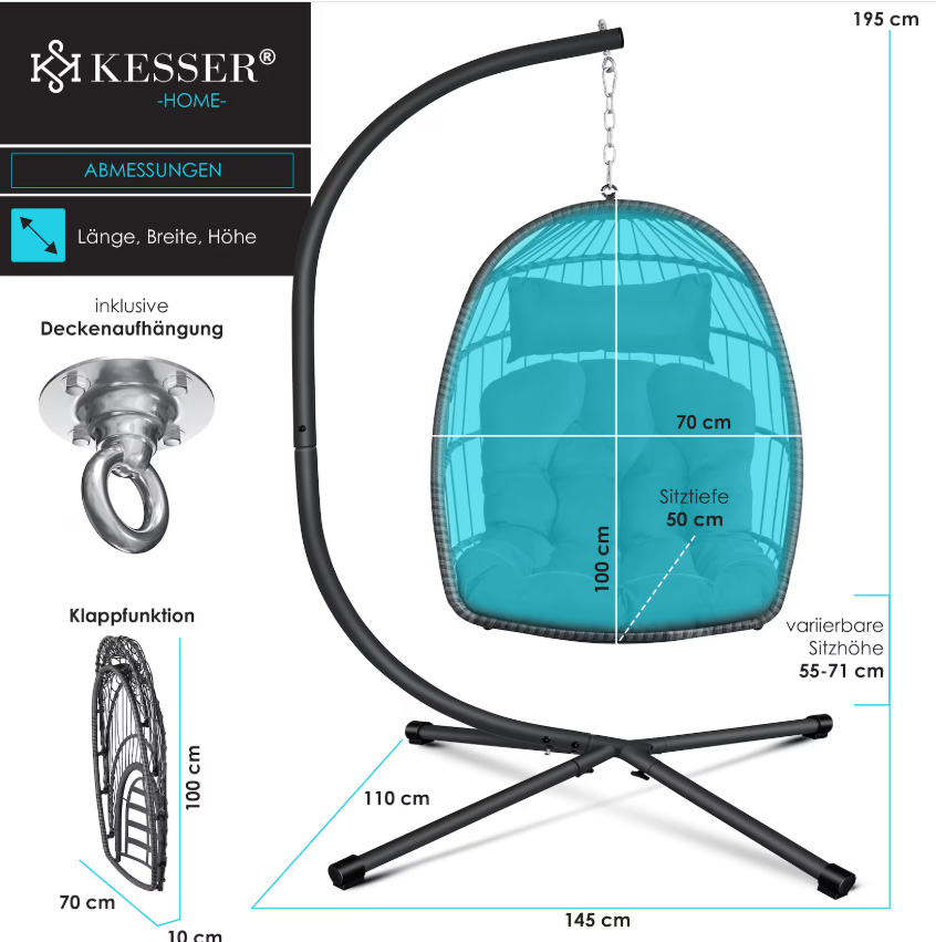 Hangstoel / eistoel jungle - met stalen frame en kussen - totale hoogte 195 cm - zwart / antraciet - Afbeelding 8