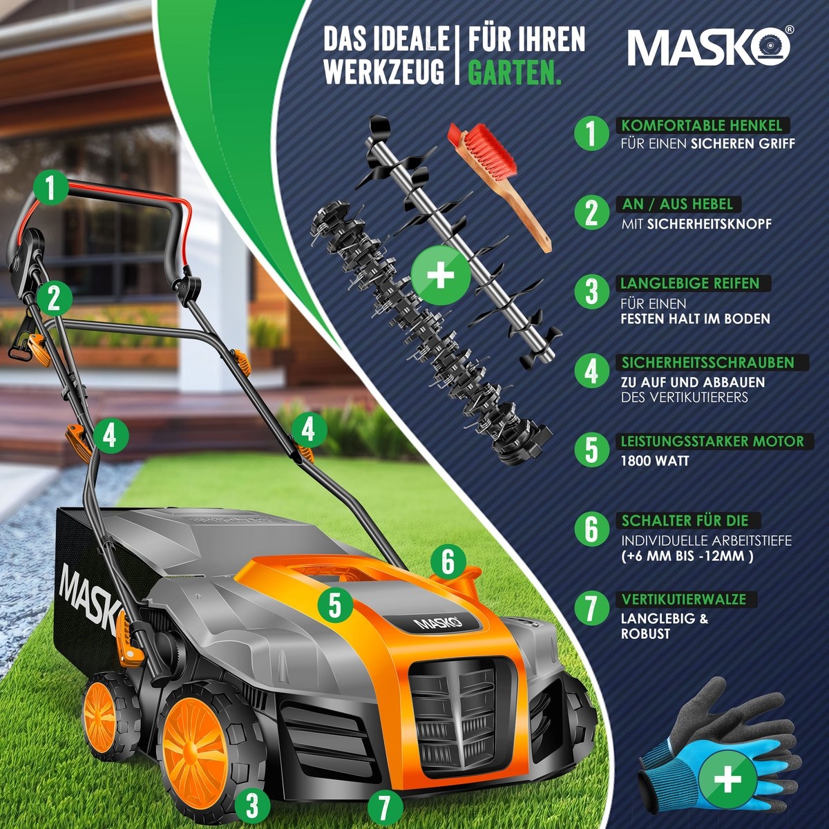 Verticuteermachine 2in1 1800 Watt - 40cm maaibreedte en 55L opvangbak - met mos verwijderaar / gazonbeluchter - zwart / oranje - Afbeelding 2