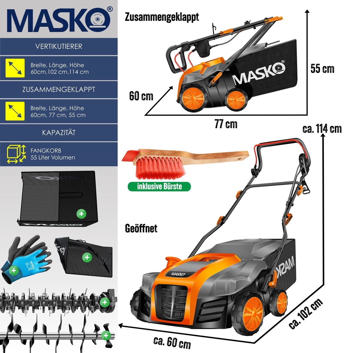 Verticuteermachine 2in1 1800 Watt - 40cm maaibreedte en 55L opvangbak - met mos verwijderaar / gazonbeluchter - zwart / oranje - Afbeelding 9