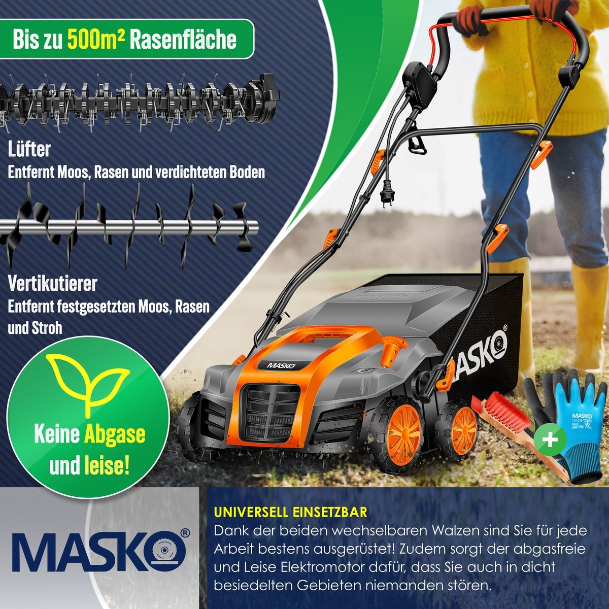 Verticuteermachine 2in1 1800 Watt - 40cm maaibreedte en 55L opvangbak - met mos verwijderaar / gazonbeluchter - zwart / oranje - Afbeelding 10