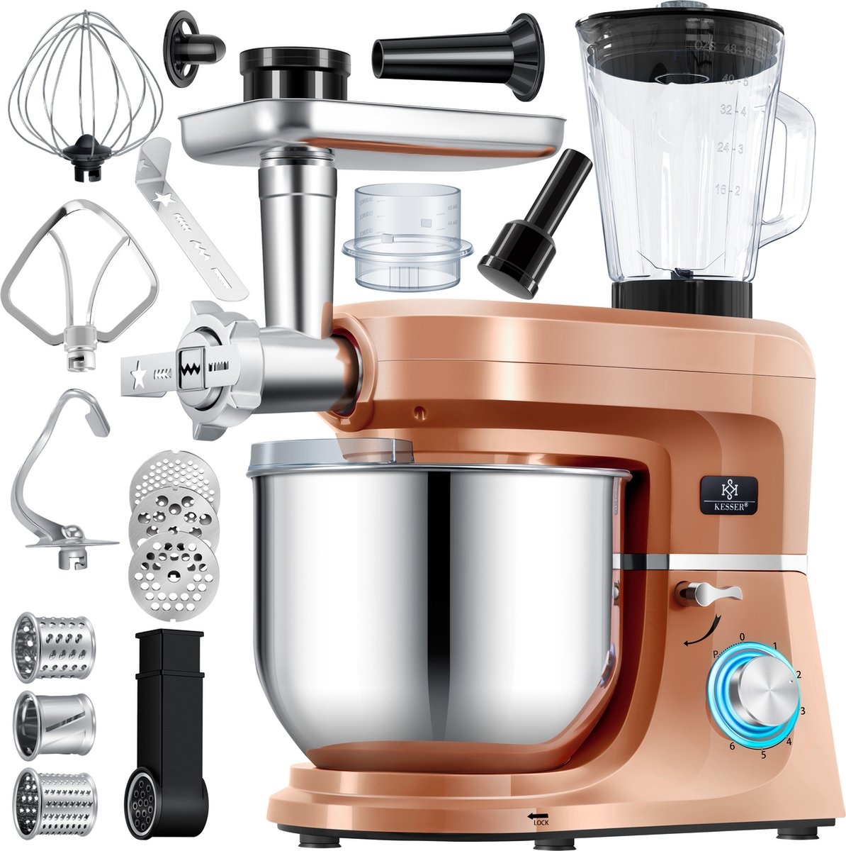 Kesser 3 in 1 keukenmachine foodprocessor - keukenmixer - 5,5 L - met accessoires - 1500 watt - koperkleurig