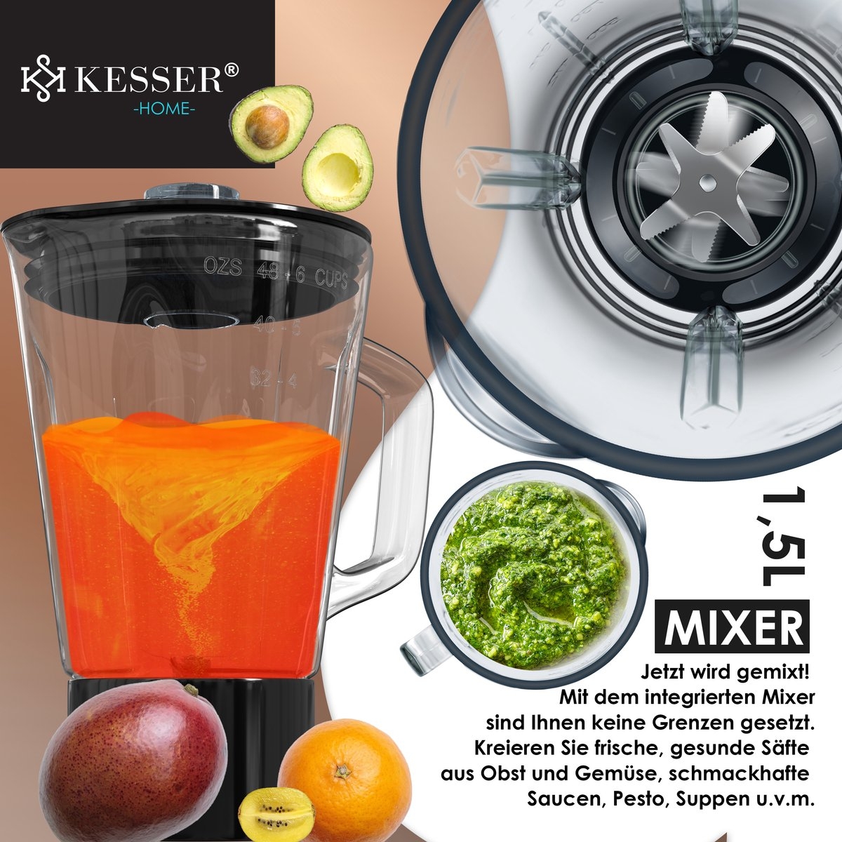 Kesser 3 in 1 keukenmachine foodprocessor - keukenmixer - 5,5 L - met accessoires - 1500 watt - koperkleurig - Afbeelding 2