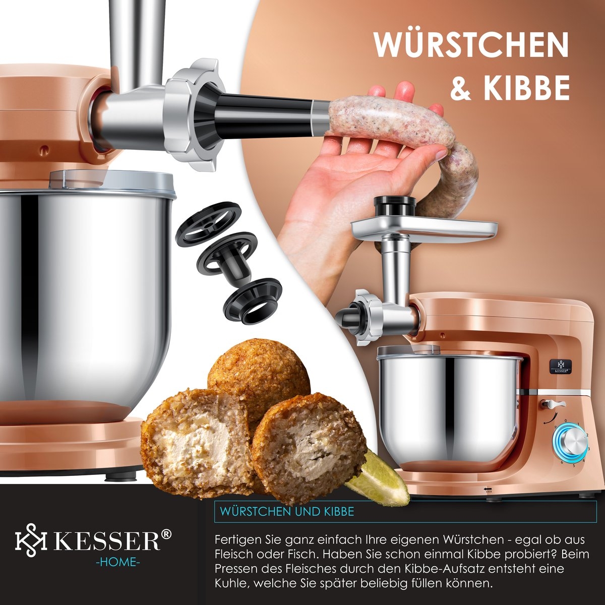 Kesser 3 in 1 keukenmachine foodprocessor - keukenmixer - 5,5 L - met accessoires - 1500 watt - koperkleurig - Afbeelding 3