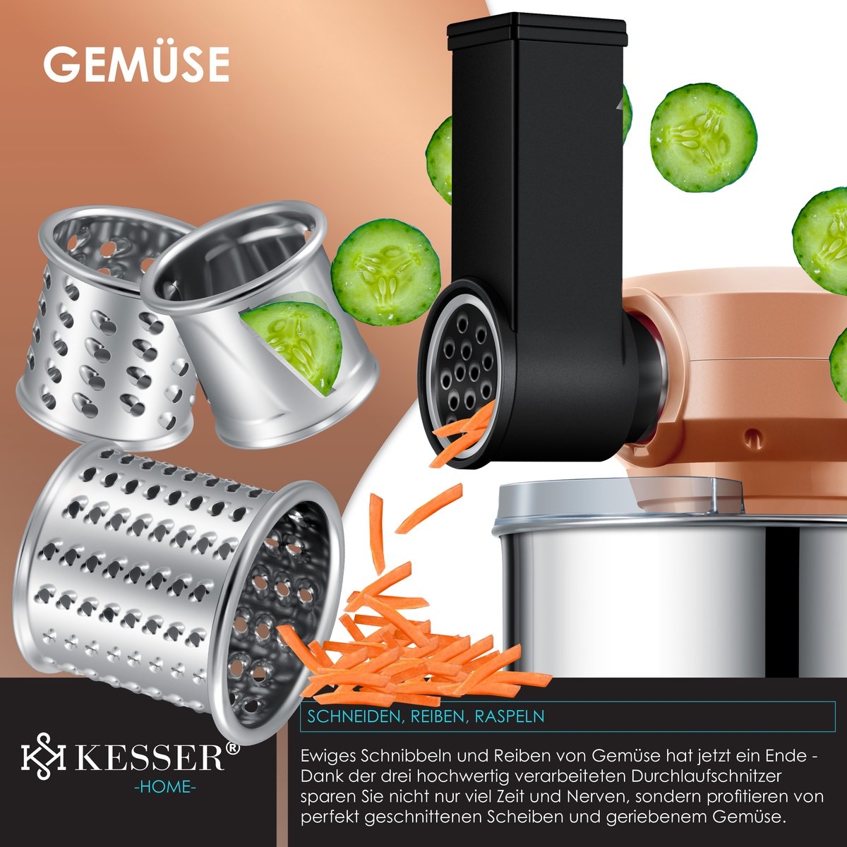 Kesser 3 in 1 keukenmachine foodprocessor - keukenmixer - 5,5 L - met accessoires - 1500 watt - koperkleurig - Afbeelding 4