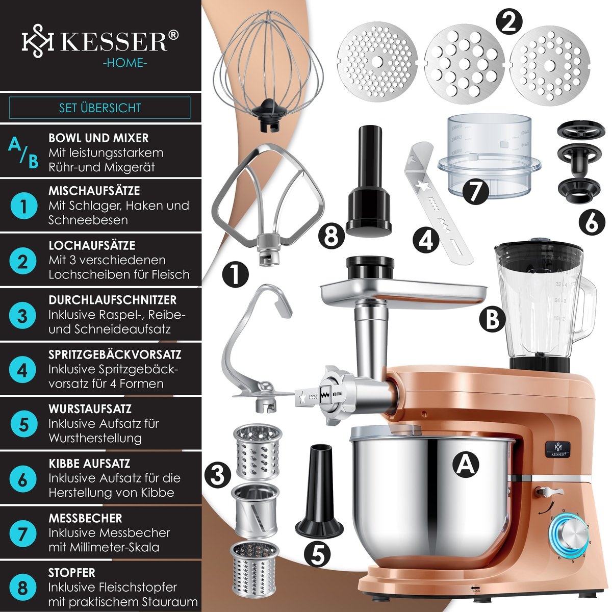 Kesser 3 in 1 keukenmachine foodprocessor - keukenmixer - 5,5 L - met accessoires - 1500 watt - koperkleurig - Afbeelding 5