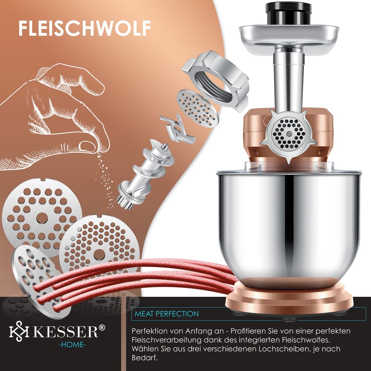 Kesser 3 in 1 keukenmachine foodprocessor - keukenmixer - 5,5 L - met accessoires - 1500 watt - koperkleurig - Afbeelding 7