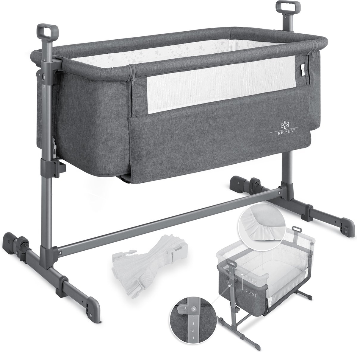 Ledikant / Co-Sleeper / Babybed / Bijzet Wieg - met zachte matras en wielen - hoogte verstelbaar - donkergrijs / antraciet