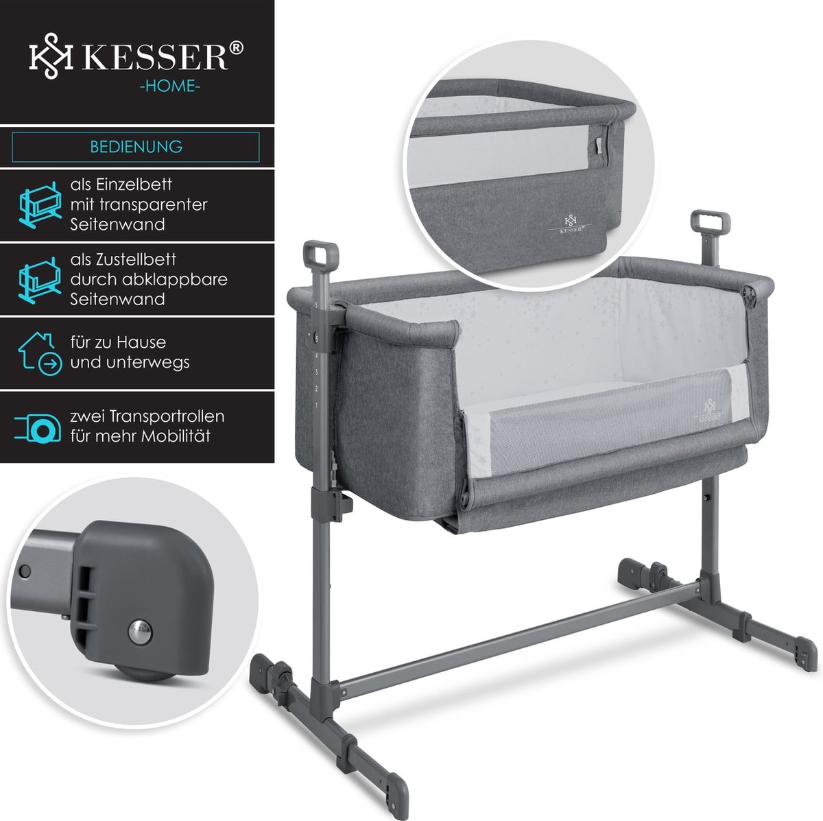Ledikant / Co-Sleeper / Babybed / Bijzet Wieg - met zachte matras en wielen - hoogte verstelbaar - donkergrijs / antraciet - Afbeelding 2