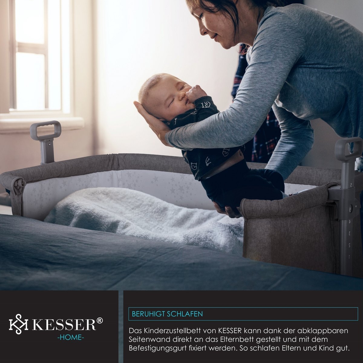 Ledikant / Co-Sleeper / Babybed / Bijzet Wieg - met zachte matras en wielen - hoogte verstelbaar - donkergrijs / antraciet - Afbeelding 3