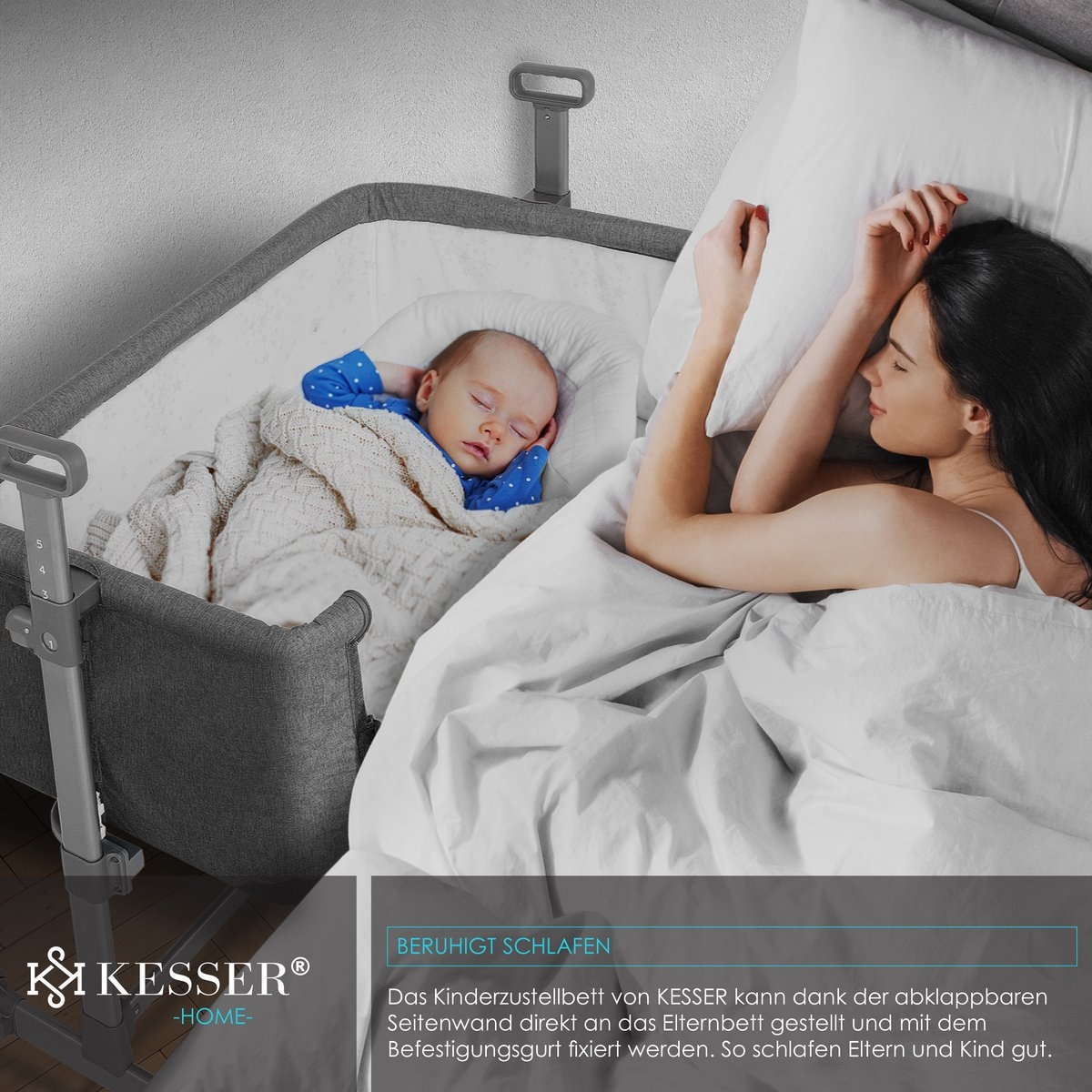 Ledikant / Co-Sleeper / Babybed / Bijzet Wieg - met zachte matras en wielen - hoogte verstelbaar - donkergrijs / antraciet - Afbeelding 5