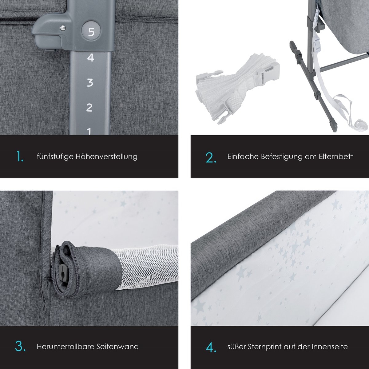 Ledikant / Co-Sleeper / Babybed / Bijzet Wieg - met zachte matras en wielen - hoogte verstelbaar - donkergrijs / antraciet - Afbeelding 6