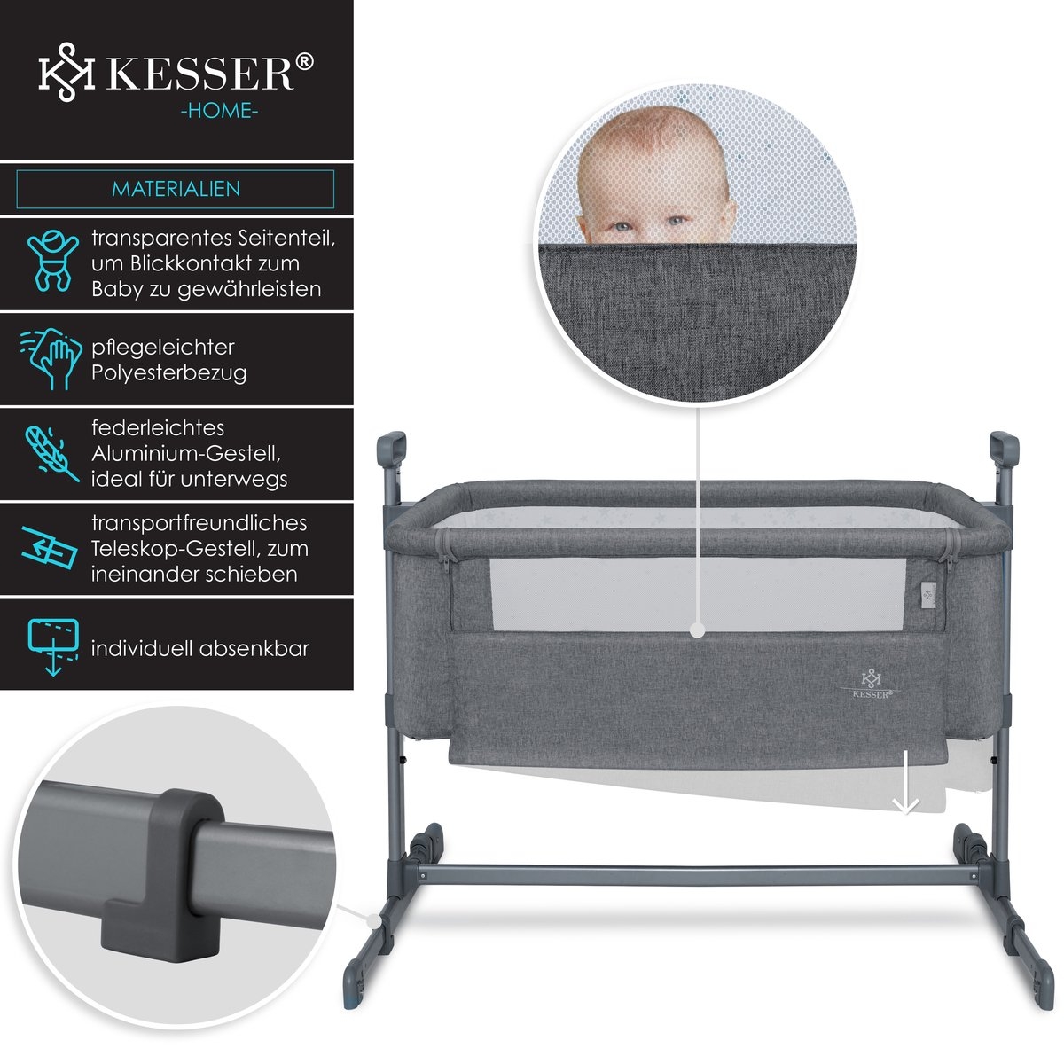 Ledikant / Co-Sleeper / Babybed / Bijzet Wieg - met zachte matras en wielen - hoogte verstelbaar - donkergrijs / antraciet - Afbeelding 8