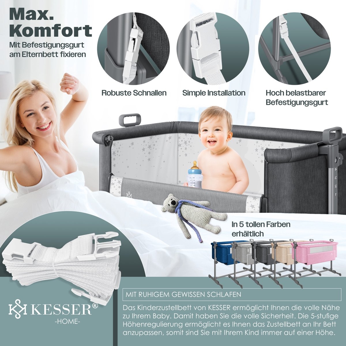 Ledikant / Co-Sleeper / Babybed / Bijzet Wieg - met zachte matras en wielen - hoogte verstelbaar - donkergrijs / antraciet - Afbeelding 9