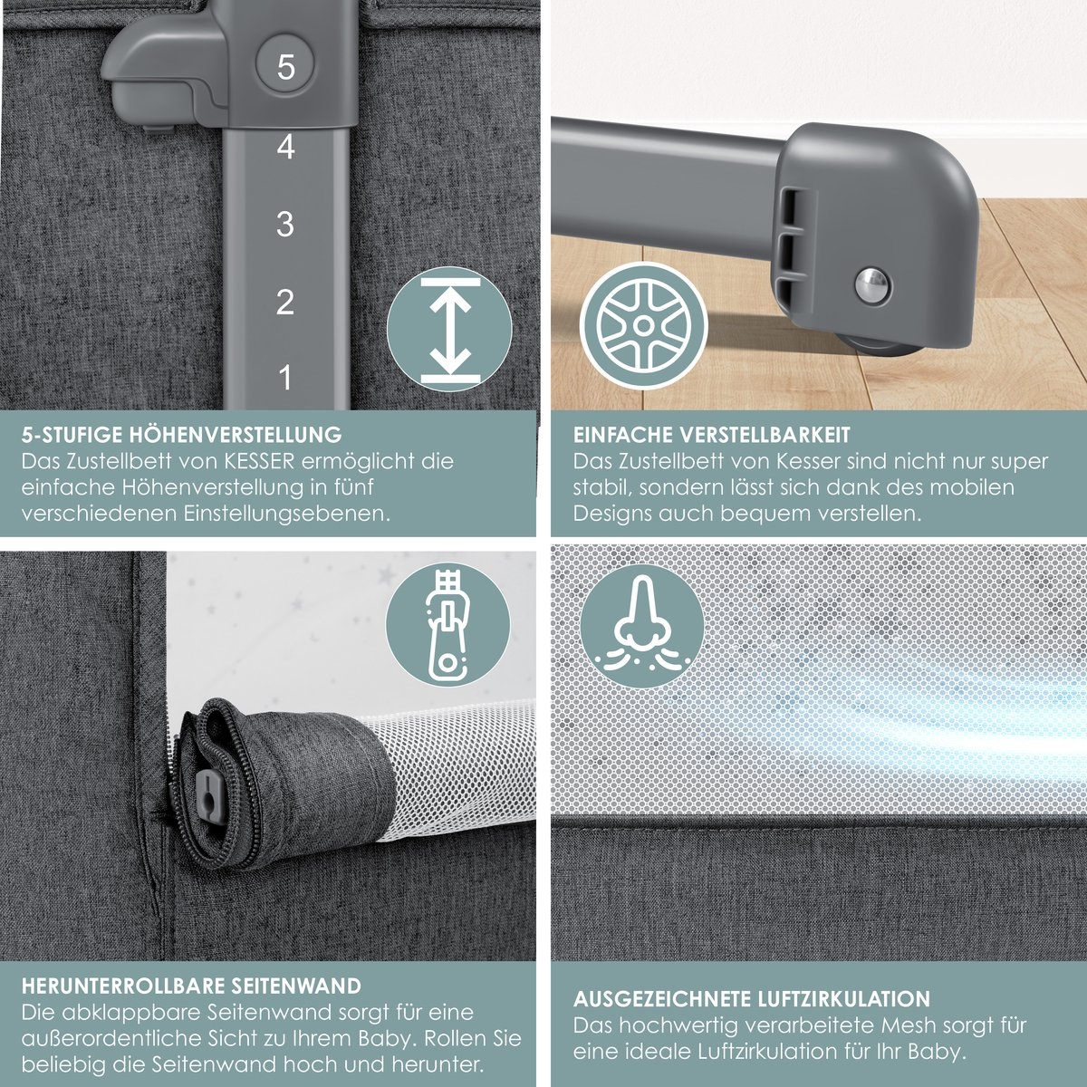 Ledikant / Co-Sleeper / Babybed / Bijzet Wieg - met zachte matras en wielen - hoogte verstelbaar - donkergrijs / antraciet - Afbeelding 11