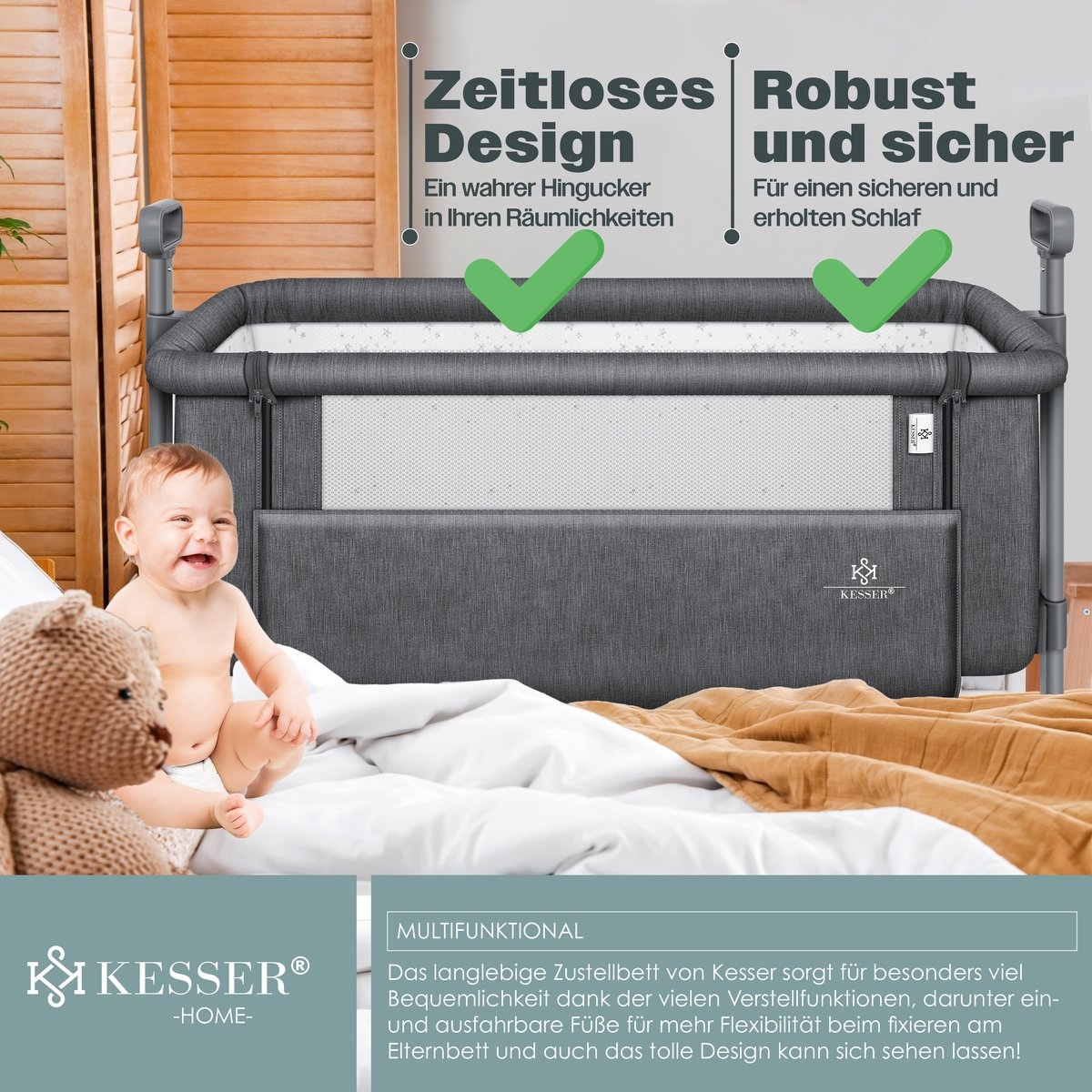 Ledikant / Co-Sleeper / Babybed / Bijzet Wieg - met zachte matras en wielen - hoogte verstelbaar - donkergrijs / antraciet - Afbeelding 13