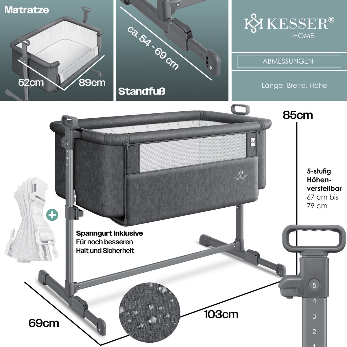 Ledikant / Co-Sleeper / Babybed / Bijzet Wieg - met zachte matras en wielen - hoogte verstelbaar - donkergrijs / antraciet - Afbeelding 14