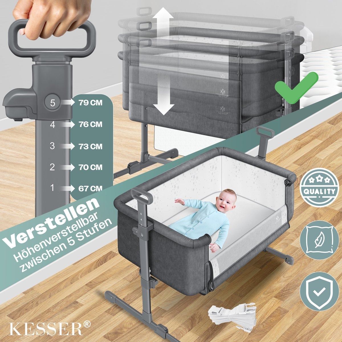 Ledikant / Co-Sleeper / Babybed / Bijzet Wieg - met zachte matras en wielen - hoogte verstelbaar - donkergrijs / antraciet - Afbeelding 16