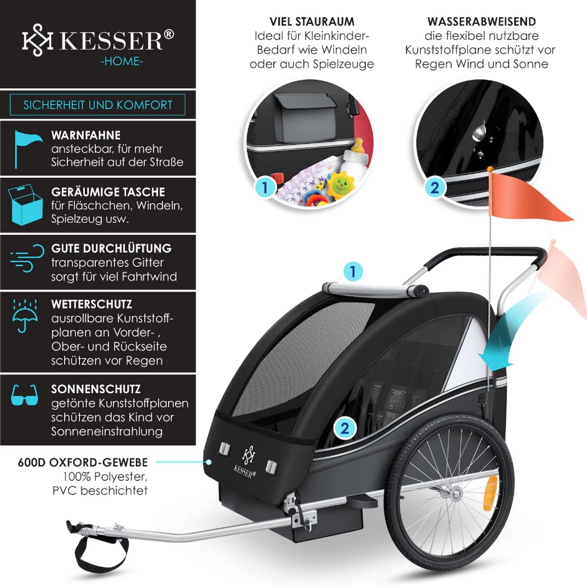 Kinderfietskar fietsaanhanger voor kinderen - hardloopbuggy - Sport-RX - 2 in 1 met joggerfunctie - 5-puntsveiligheidsgordel - 360° voorwiel - voor 1 tot 2 kinderen max. 40 kg - antraciet