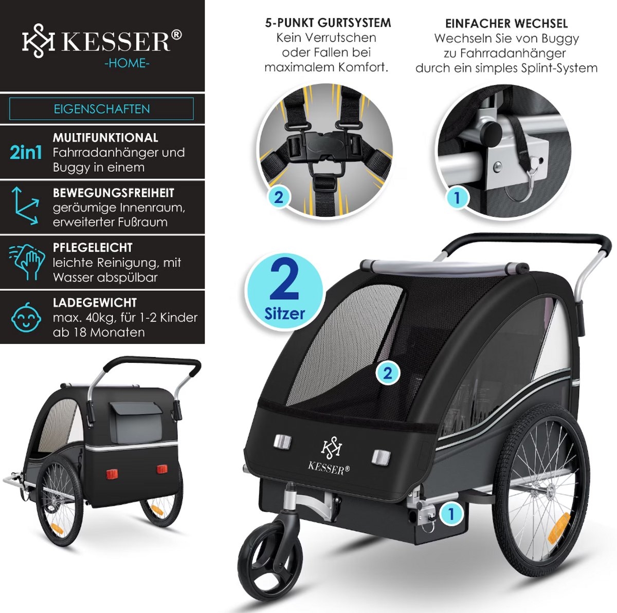 Kinderfietskar fietsaanhanger voor kinderen - hardloopbuggy - Sport-RX - 2 in 1 met joggerfunctie - 5-puntsveiligheidsgordel - 360° voorwiel - voor 1 tot 2 kinderen max. 40 kg - antraciet - Afbeelding 2